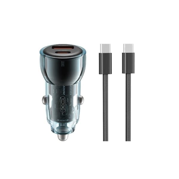 XO Billaddare USB/USB-C 60W med USB-C/USB-C Kabel - Blå