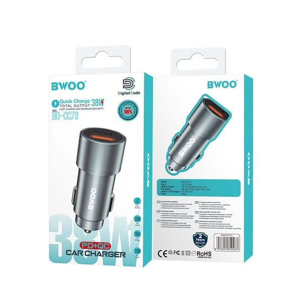 BWOO Snabb Billaddare 38W QC 18W + PD 20W - Grå