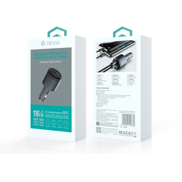 Devia Billaddare USB-A - 2x USB-C 116W PD QC Extreme Metal