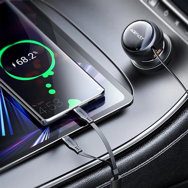 Acefast Billaddare 53W USB-A Retractable Kabel 2x USB-C - Svart