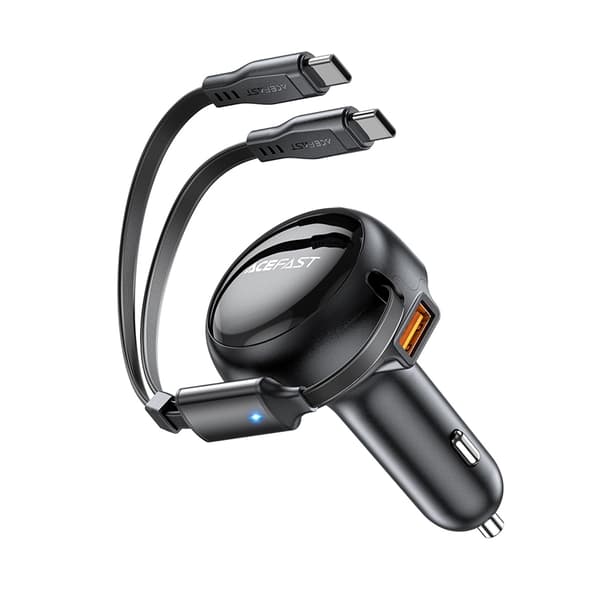 Acefast Billaddare 53W USB-A Retractable Kabel 2x USB-C - Svart