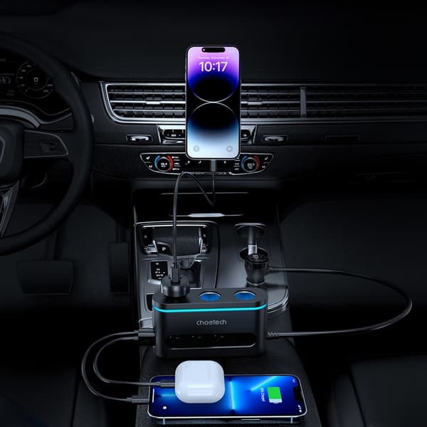 Choetech Billaddare 2xUSB-C 1xUSB-A 3xcigarette lighter - Svart