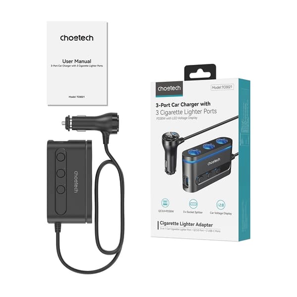 Choetech Billaddare 2xUSB-C 1xUSB-A 3xcigarette lighter - Svart