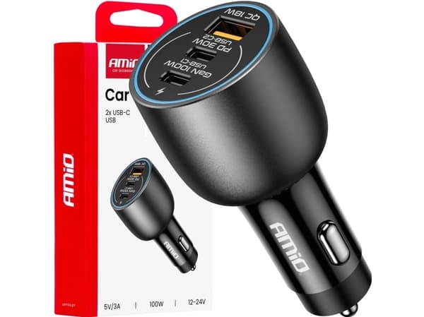 Įkroviklis bil 2x usb-c + usb-a 12v 24v 100w amio-04371