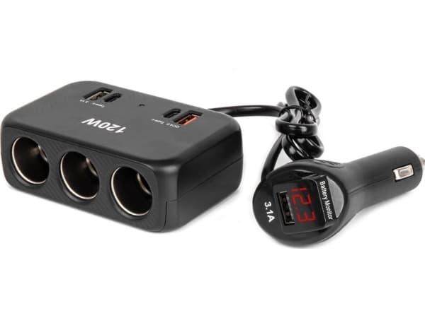 Savukkeensytytin pistorasian jakelija laturilla 2x usb-a 1x usb-c qc4.0 12v 24v 120w 80cm amio-04366