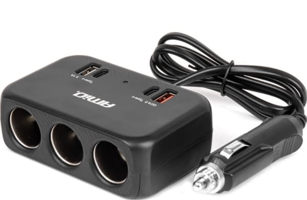 Savukkeensytytin pistorasian jakaja laturilla 1x usb-a 1x usb-c qc4.0 12v 24v 120w 80cm amio-04365
