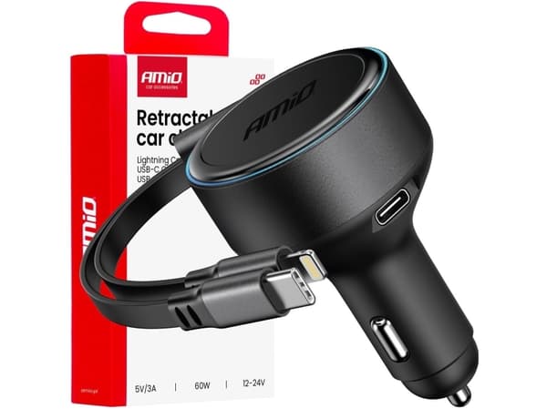 Autolaturi sisäänvedettävällä kaapelilla tyyppi c + salama iphone + usb-c 12v 24v 60w amio-04370