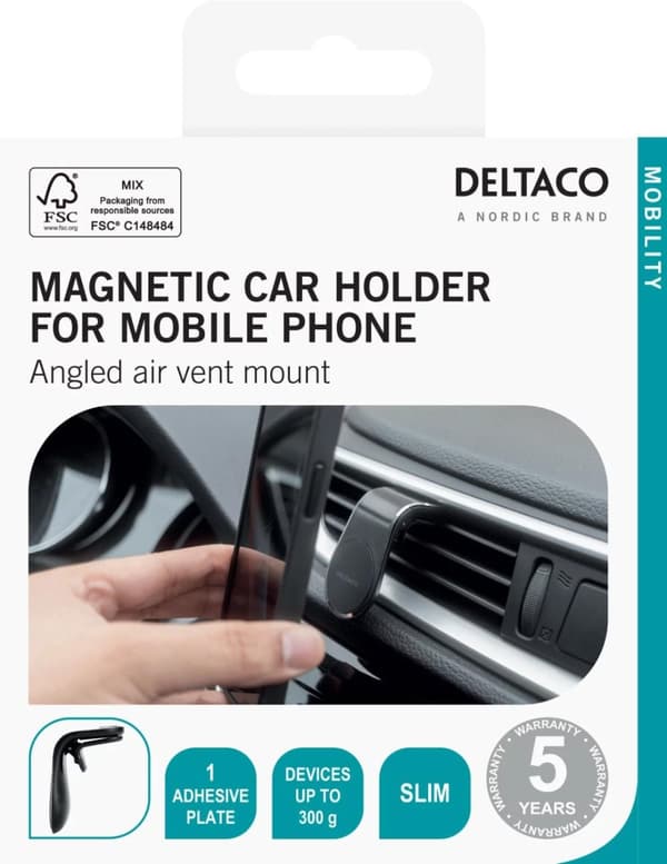 DELTACO Magnetisk bilhållare för smartphones, montering på fläktgaller, Vinklad, Svartd