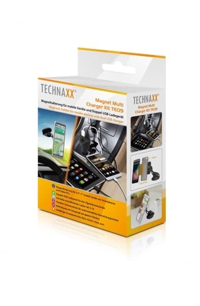 Technaxx magneettinen autoteline älypuhelimille ja tableteille + autolaturi (TE09)
