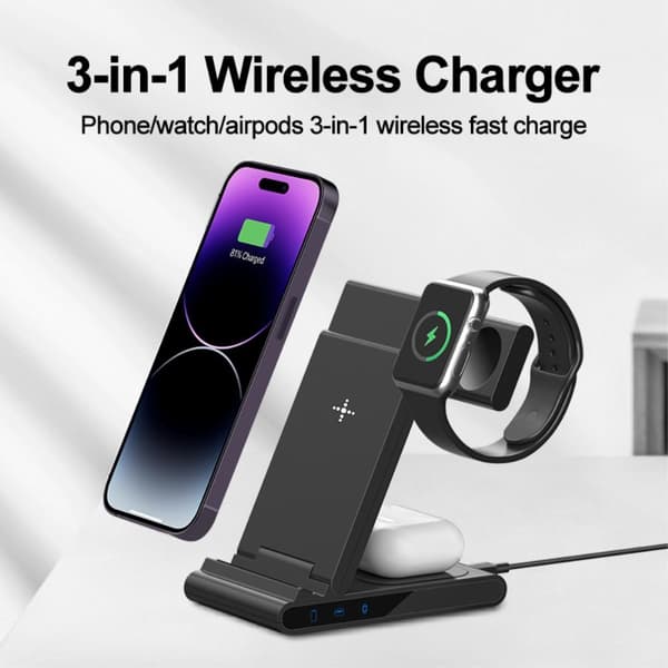 Qi lader Trådløs lader 3-i-1 iPhone iWatch AirPods Android