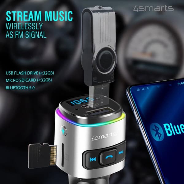 4smarts Bluetooth FM Musiksändare USB/USB-C Bilsnabbladdare Svart