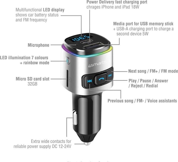 4smarts Bluetooth FM Musiksändare USB/USB-C Bilsnabbladdare Svart