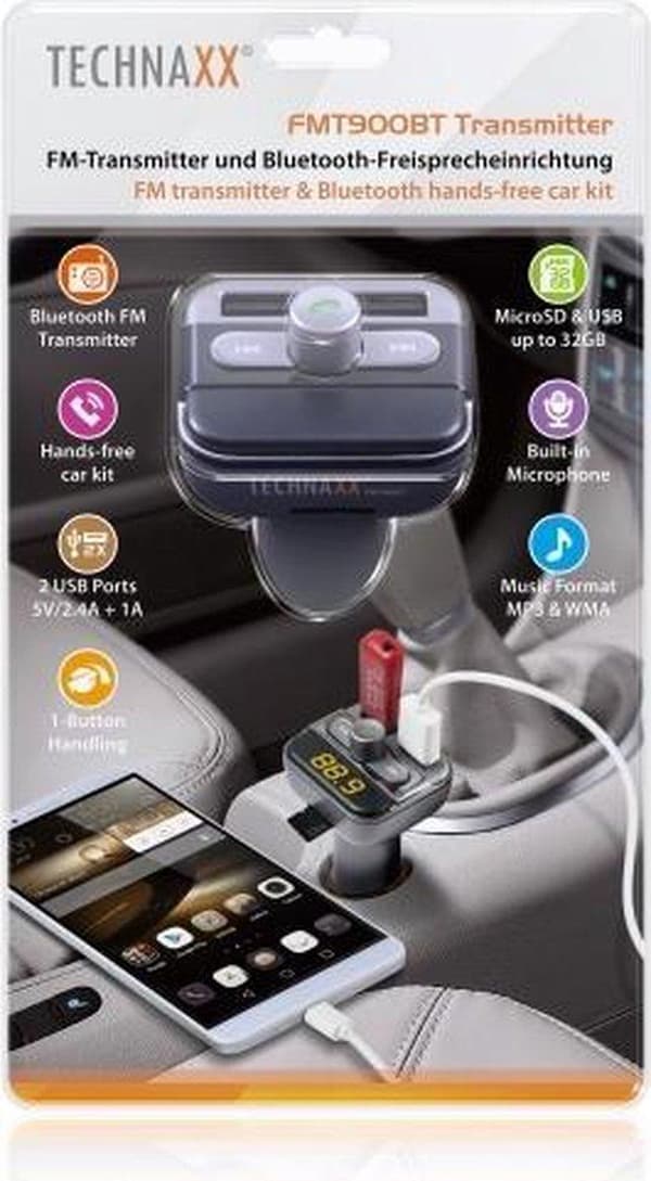 Technaxx FMT-900 FM-lähetin 12-24V ja Bluetooth handsfree-autosarja, jossa 2 x USB