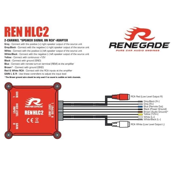 1 RENEGADE REN HLC2 2-kanals högtalarsignal till RCA-adapter omvandlar förstärkt signal till lågnivå-RCA, 1 st.