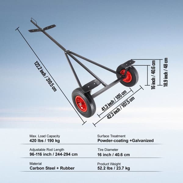 Bådtrailer Dolly, 420lbs Belastningskapacitet, Justerbar Længde, 16 Pneumatiske Dæk, 420LBS