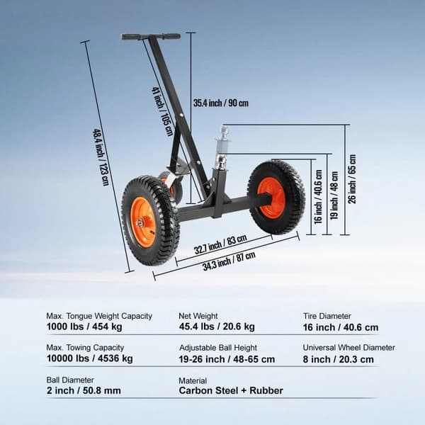 Trailer Dolly, 1000 lbs Kapacitet, Justerbar Kuglehøjde, Holdbar Stålkonstruktion,1000 pund