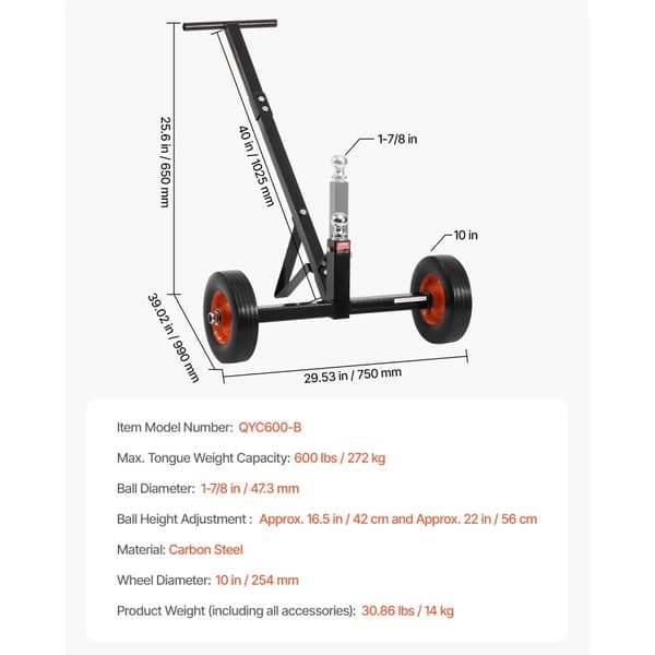 Tongue Trailer Dolly, 600 lbs kapacitet, 10 tommer hjul,600 lbs in Danish is "600 lbs".