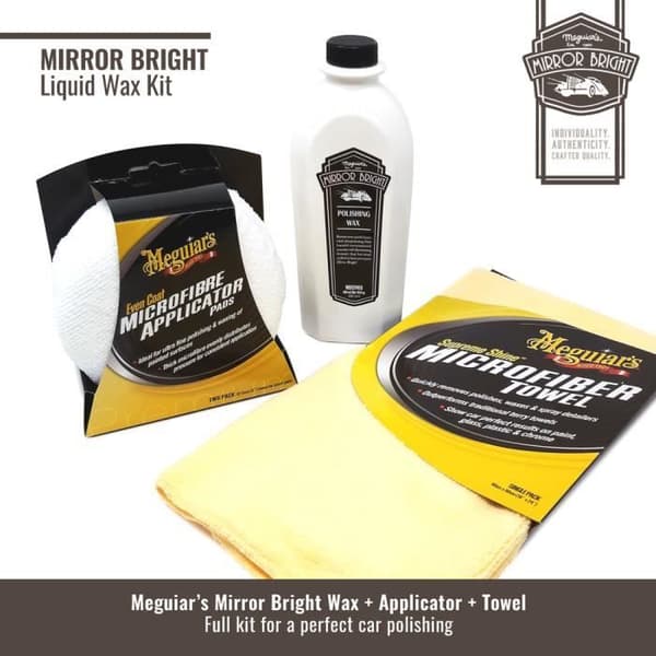 Meguiar's Mirror Bright Liquid Wax Kit med mikrofiberduk och applikatorer