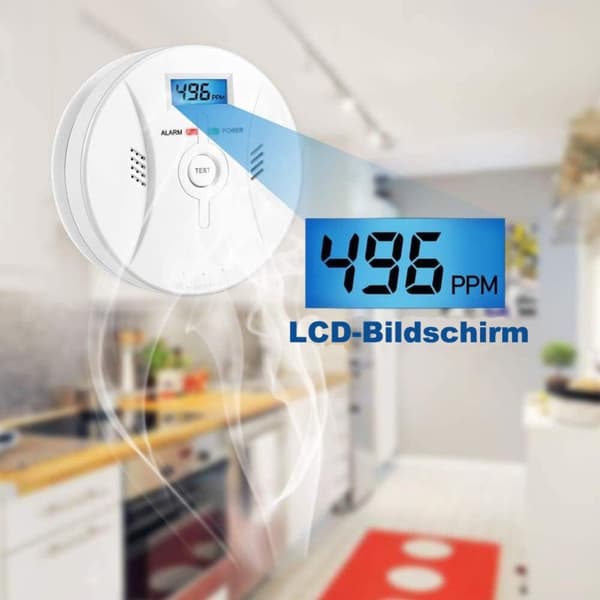 Lollanda Kolmonoxidlarm med LCD-display – högkänslig, 85 dB högljudd varning, batteridriven CO-gasdetektor