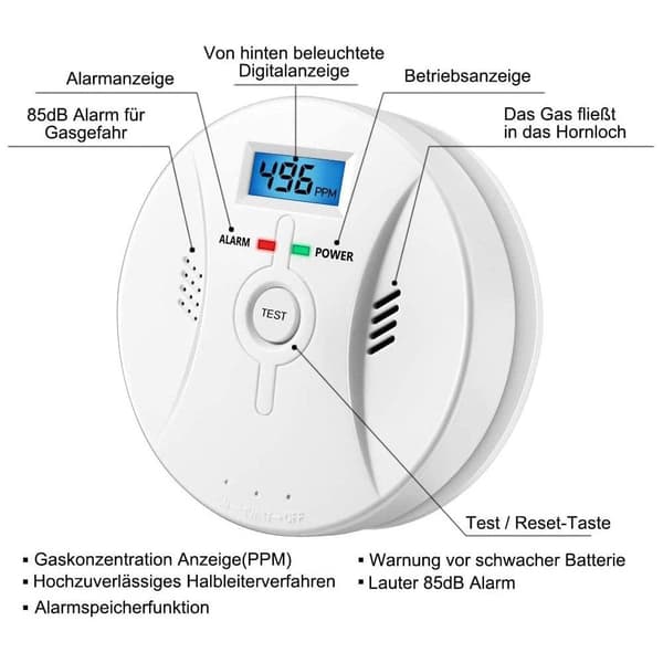 Lollanda Kolmonoxidlarm med LCD-display – högkänslig, 85 dB högljudd varning, batteridriven CO-gasdetektor