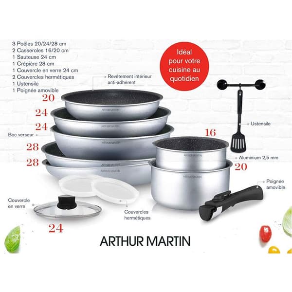 Köksset - Arthur Martin - AM676S - 12 delar - Aluminium - Non-stick - Avtagbart handtag