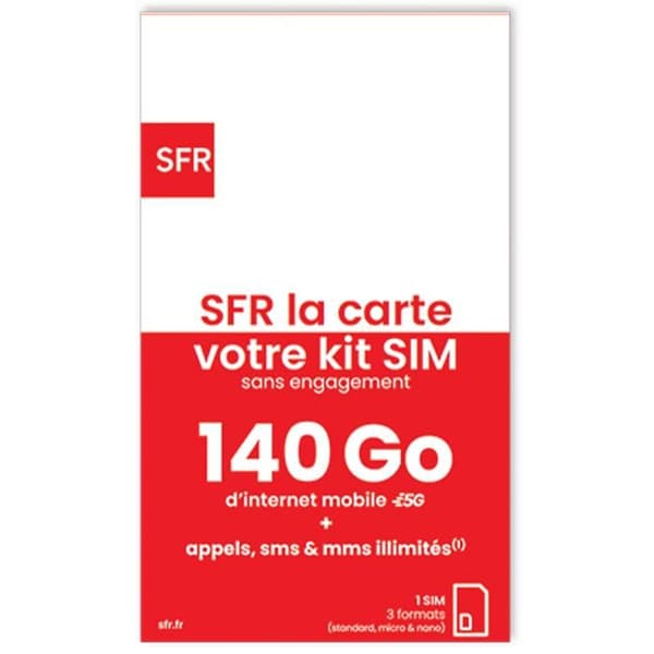 SIM-kort - SFR - Förbetalt - Obegränsade samtal/SMS/MMS - 140 GB Internet - Triple cut