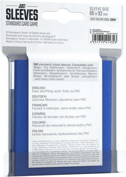 Gamegenic - 2005057 - : Just Sleeves - Fickor för standardkortspel (66x91 mm), blå, 50 stycken
