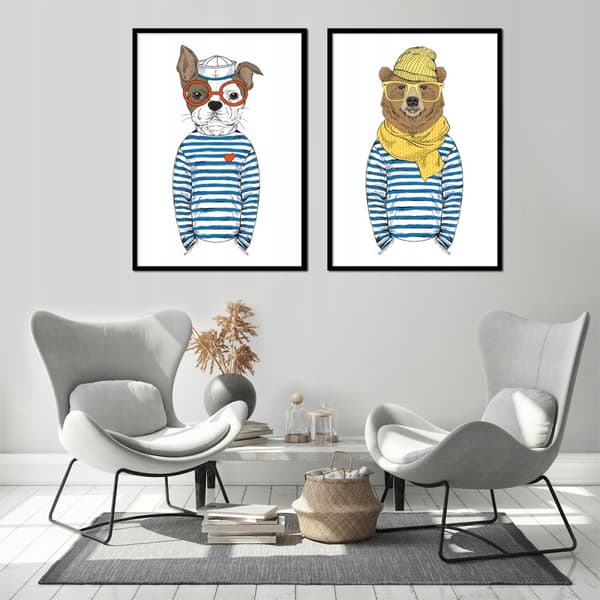 BILLEDPOSTERE I RAMME 33x43cm Diptych Sæt med 2 billeder Hipster Bulldog P1546