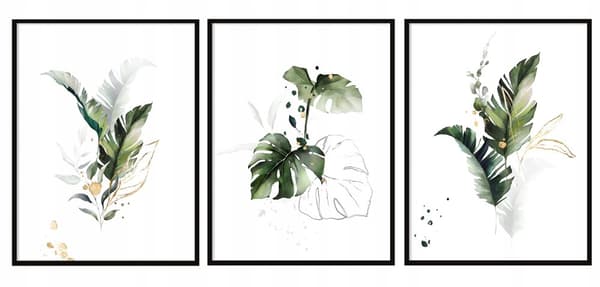 TAVELPOSTERS I RAM 33x43cm Triptyk Set med 3 tavlor Löv vita P1454