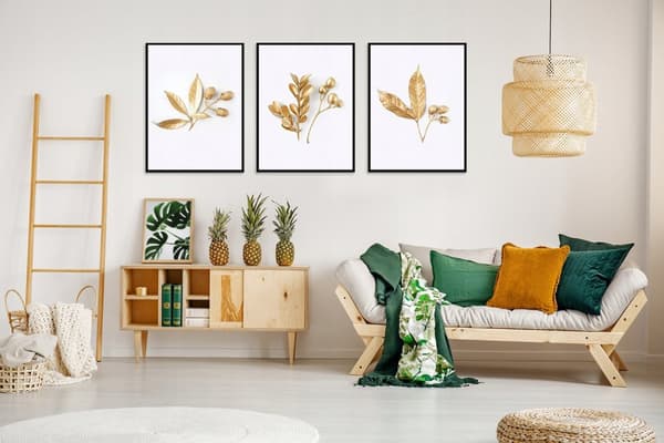 BILLEDPOSTERE I RAMME 33x43cm Triptykon Sæt med 3 malerier Gyldne blade P1394