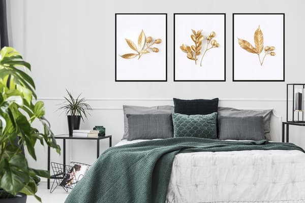BILLEDPOSTERE I RAMME 33x43cm Triptykon Sæt med 3 malerier Gyldne blade P1394