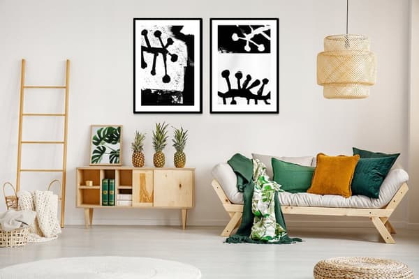 Kehyksissä oleva kuva 33x43cm Diptyykki 2 maalauksen setti mustavalkoinen abstraktio P2030