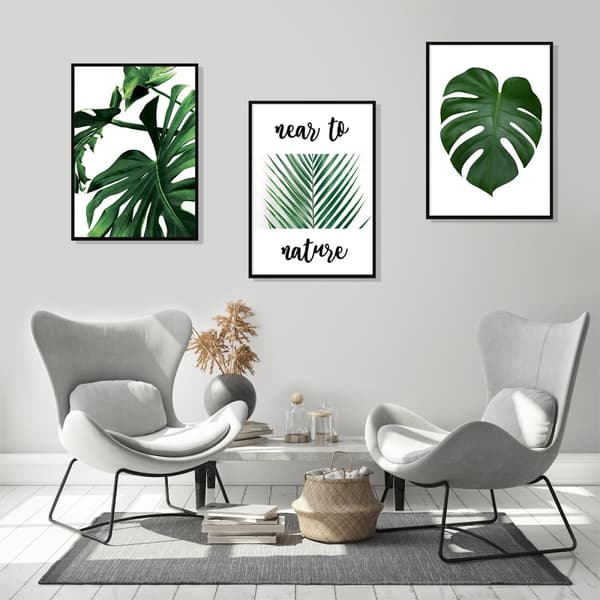 TABLAD, POSTER I RAM 53x73cm Triptyk Set med 3 målningar LÖV SVARTVITT P547