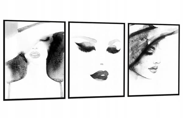 TAVELPOSTERS I RAM 53x73cm Triptyk Set med 3 målningar Kvinnors ANSIKTEN P548