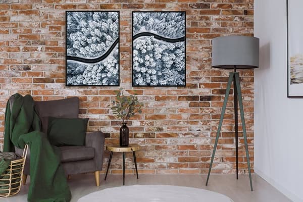TAVELPOSTERS I RAM 53x73cm Diptyk Set med 2 målningar Vinterskogsväg P848