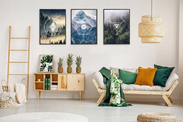 MAALAUKSIA KEHYTYKSISSÄ 53x73cm Triptyykki 3 maalauksen setti VUORET METSÄ maisemia P754
