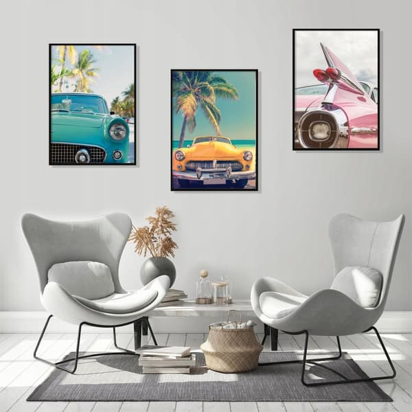 INRAMADE MÅLNINGAR 53x73cm Triptyk Set med 3 målningar BILAR MIAMI Beach P573