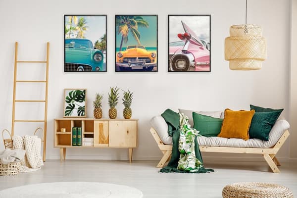 INRAMADE MÅLNINGAR 53x73cm Triptyk Set med 3 målningar BILAR MIAMI Beach P573