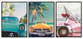 Miniatyrbild 1 av 3: INRAMADE MÅLNINGAR 53x73cm Triptyk Set med 3 målningar BILAR MIAMI Beach P573