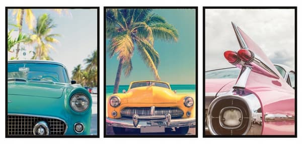 INRAMADE MÅLNINGAR 53x73cm Triptyk Set med 3 målningar BILAR MIAMI Beach P573