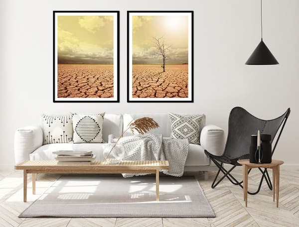 Kehyksissä oleva kuva 53x73cm Diptych 2 maalauksen setti Lonely Tree Boho P2149
