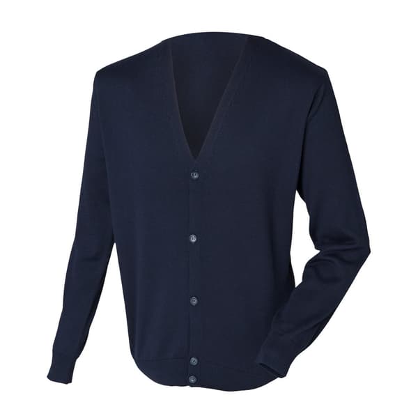 Henbury Cardigan med V-ringning och knapp i fin stickning för män Navy XS