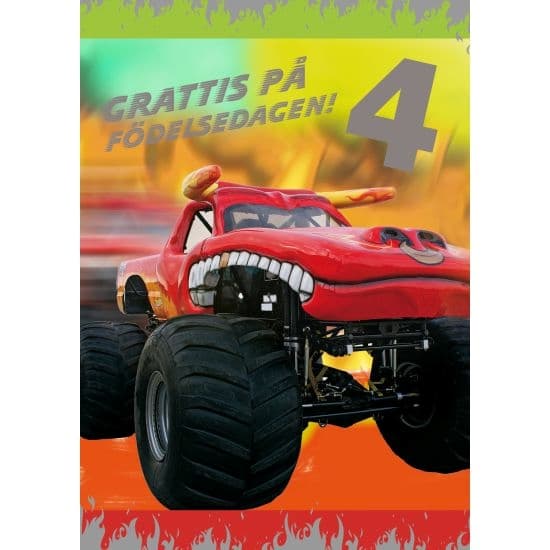 Enkelt Barnkort 4 år, Monsterbil -  Spader