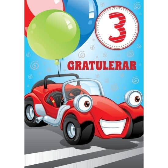 Enkelt Barnkort 3 år, Bil -  Spader