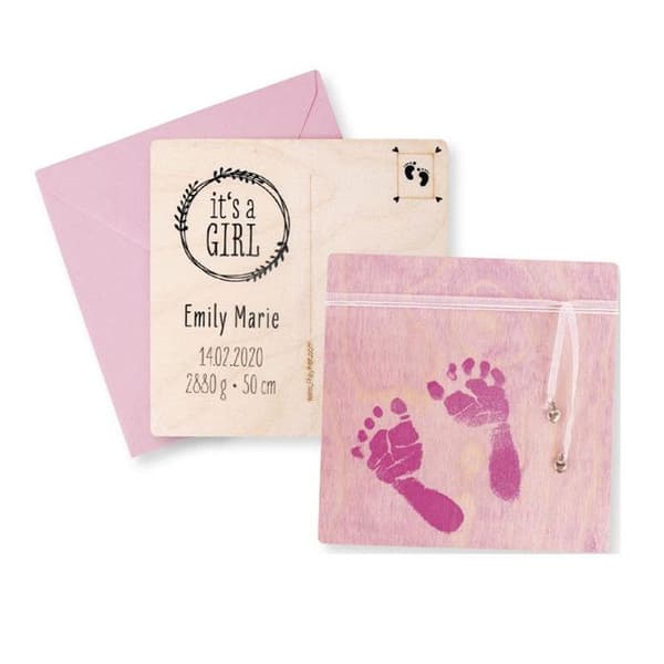 DIY-kit - Träfödelsemeddelanden med babyfotspår - Rosa