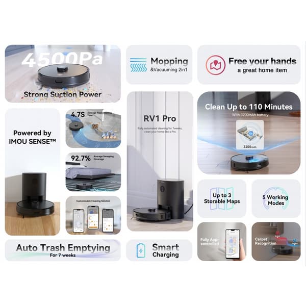 IMOU RV1 Pro Robotstøvsuger, Max 4500Pa Sugekraft, Op til 7 Uger Håndfri Rengøring,RV1 PRO
