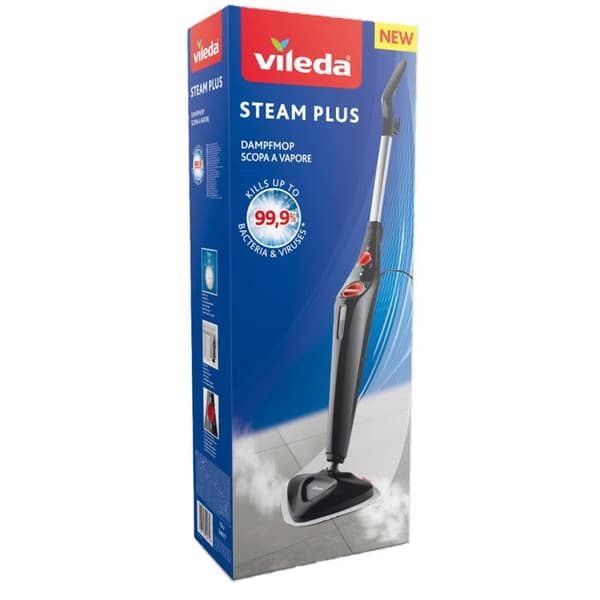 Vileda 168917 Steam Plus 3.0 elektrisk ångmopp med 2x mikrofiberkuddar, mattrengöring Svart