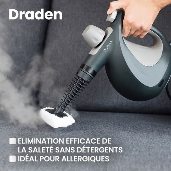 ZEEGMA Draden - Handhållen ångtvätt - Bärbar - 1000 W - Temperatur 110°C - 350 ml - Tryck 3 bar - 9 tillbehör