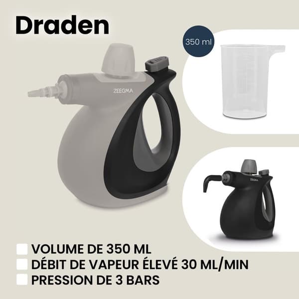 ZEEGMA Draden - Handhållen ångtvätt - Bärbar - 1000 W - Temperatur 110°C - 350 ml - Tryck 3 bar - 9 tillbehör