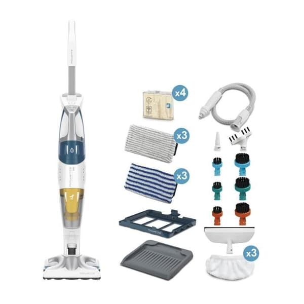 ROWENTA RY8561WH Clean&amp;Steam Multi 2-i-1 ångtvätt, Rengör, Dammsug, Alla typer av golv och ytor, Många tillbehör Vit, Blå